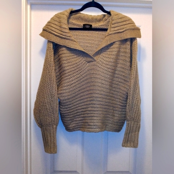 VICI Knit Tan Shawl Collar V-Neck Pullover Cropped Balloon Sleeve Sweater Large - Picture 3 of 5